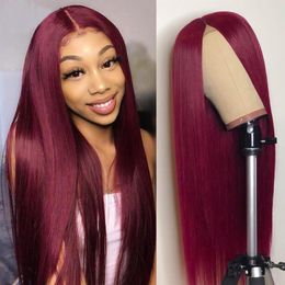 Peruca de cabelo humano sem cola longa reta 99J 13x4 frente de renda pré arrancada com cabelo de bebê vermelho cabelo remy brasileiro2985