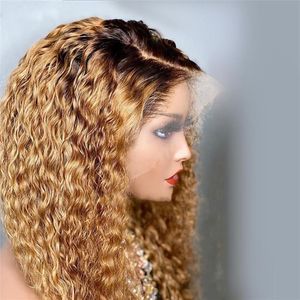 Sin cola Malasia Kinky Curly Ombre seda top Cordones completos Peluca de cabello humano 360 Frontal Pre desplumado Natural Hairline Miel rubia 13x6 238o