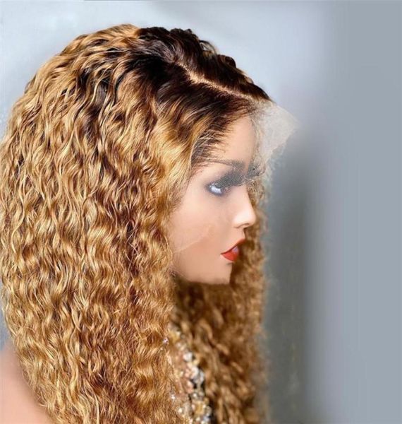 Sin cola Malasia Kinky Curly Ombre top de seda Cordones completos Peluca de cabello humano 360 Frontal Pre arrancado Línea de cabello natural Rubio miel 13x6 4699965