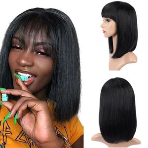 Glueless Natural Human Hair Wig Full Machine Made Non Lace Pixie Cut Short Straight Peruvian Remy Hair Bob Wig With Bangs For Black Women
