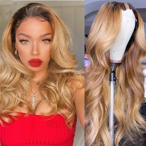 Glueless ombre honing blonde golvende u onderdeelpruik menselijk haar peruaanse remy 250Dersity 30 inches gluueless volledige machine halve pruiken