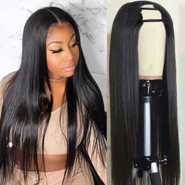 Wigs de cheveux humains raides et soyeux sans glue pour femmes U partie Wig 2x4 Ushape Wig 100% Péruvien Vierge 10a Humans Hoils