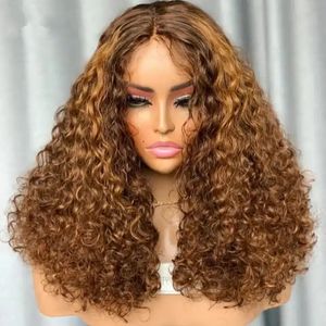 Peluca frontal de encaje de cabello humano rizado sin pegamento Tpart resaltado Ombre brasileño Remy miel rubia onda profunda T parte peluca delantera para mujeres 13X4X1 250% densidad