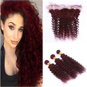 99J Cabello de onda profunda con encaje Frontal Cabello virgen brasileño Onda profunda Rizado 99j Cabello rojo vino 3 paquetes con frontal Color borgoña