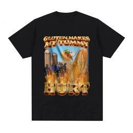 Gluten maakt mijn buik pijn grappige meme grafisch t-shirt mannen mode vintage korte mouw t-shirts katoen casual oversized t shirts 240423
