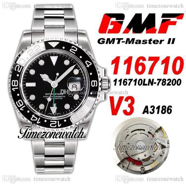 GMF V3 GMT II 116710 A3186 Reloj automático para hombre Bisel de cerámica Esfera negra Manecillas verdes Pulsera de acero 904L OysterSteel Tarjeta de garantía Super Edition Timezonewatch R1