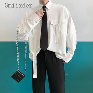 GMIIXDER CARGO Longsleeve Shirt with Tie Mens Oversize Kpop Shirt Corée Streetwear Streetres de poche de moto