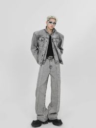 GMIIXDER Gothic Splicing Spolder Paverage Denim Veste Mens Spring Automne Designer Vintage Washed Gris Grey Set Two Piece / Single 240415