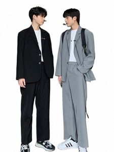 Gmiixder Costume de blazer pour hommes Tendance coréenne Beau High Street Casual 2pcs Ensemble Hg Kg Style Beau DK Uniforme Veste Pantalon D6ot #