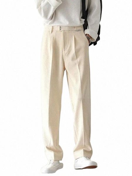 Gmiixder pantalones casuales para hombres primavera otoño pantalones de pierna ancha elegantes de gran tamaño japoneses simples pantalones de pana rectos beige sólidos e7K1 #