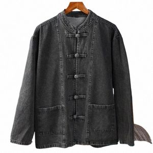 Gmiixder printemps hommes surdimensionné Denim chemise solide gris foncé Lg manches col montant Blouse mer rétro chinois boucle veste 23e2 #