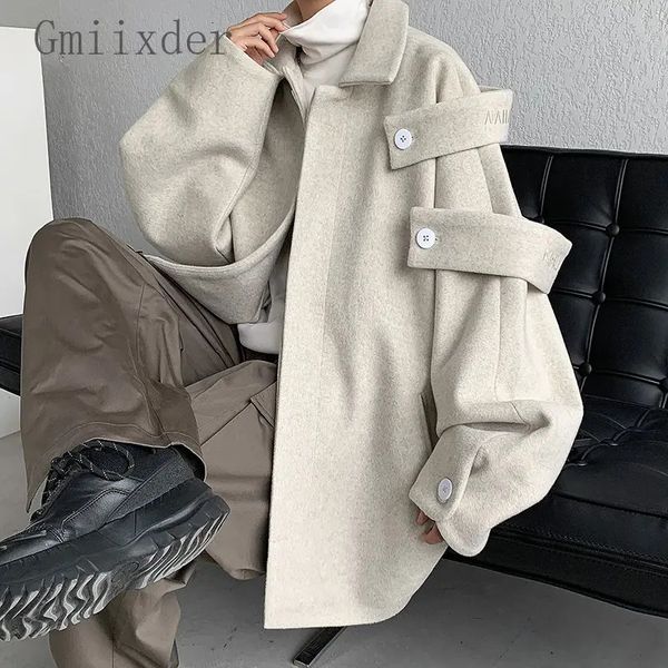 Gmiixder Streetwear manteau en laine hommes automne hiver minorité revers veste américaine rétro ample décontracté asymétrique veste 240228