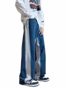 Gmiixder Vintage Jeans jambe large Dra Streetwear épissage Denim pantalon unisexe blanc épais rayé Patchwork taille haute pantalon Z22B #