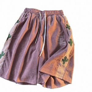 gmiixder Vintage Shorts heren Preppy Brief Borduur Corduroy Shorts Japanse Harajuku Halve Broek Unisex Gesplitste Sportbroek D0r9#