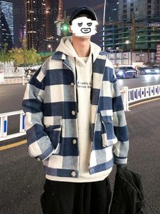 Gmiixder hiver Hip Hop manteau en laine hommes court Hong Kong Style tendance veste en vrac beau jeunesse revers Plaid épaissi vestes 231220