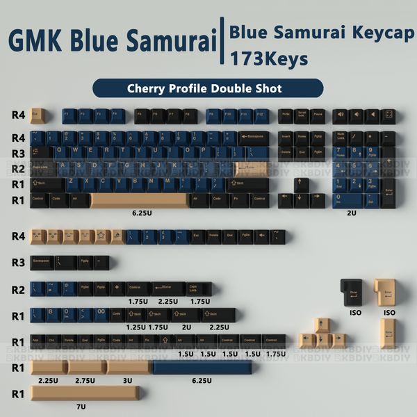 GMK Blue Samurai Keycaps Double Shot Mx Switch Clavier de jeu mécanique ABS Cherry Profile ISO 173 Keys Cap Anne GK61
