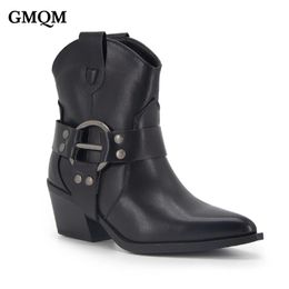 GMQM Fashion Women Ankle Boots Western Cowboy Cowgirl Boots Pointed Toe Buckle Metal Decoration Punk Style Motorfietsschoenen 240408