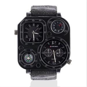 GMT Dual Time Militaire Herenhorloge Outdoor Quartz Horloges Canvas Band Kompas 50mm Grote Vierkante Wijzerplaat Mannelijke Watches260x