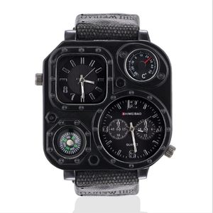 GMT Dual Time Militaire Herenhorloge Outdoor Quartz Horloges Canvas Band Kompas 50mm Grote Vierkante Wijzerplaat Mannelijke Watches3014