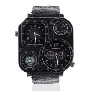 GMT Dual Time Militaire Herenhorloge Outdoor Quartz Horloges Canvas Band Kompas 50mm Grote Vierkante Wijzerplaat Mannelijke Watches218F