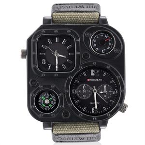 GMT Dual Time Militaire Montre Homme Boîtier En Acier Inoxydable Arrière Montres À Quartz Extérieures Bande De Toile Boussole 50mm Grand Cadran Carré Masc320I