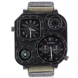 GMT Dual Time Militaire Heren Horloge Roestvrij Stalen Case Back Outdoor Quartz Horloges Canvas Band Kompas 50mm Grote vierkante Wijzerplaat Masc248P