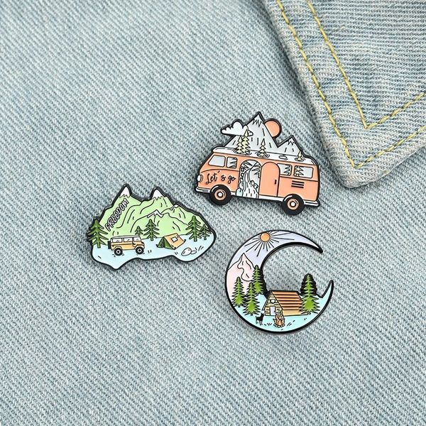 Allez camping épingles en émail personnalisées montagne lun tente de lunette de camping-car les broches de chemise de chemise badge badge extérieur bijoux cadeau pour enfants amis