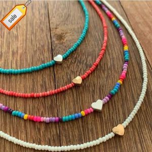 Go2BoHo fer biliaire plaqué or coeur collier ras du cou bijoux de mode arc-en-ciel coloré verre rocaille collier pour femmes