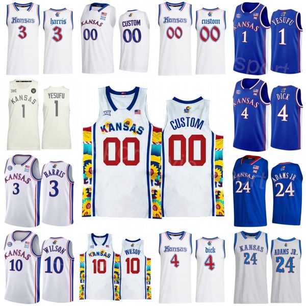 Kansas Jayhawks College 24 K.J Adams Jr Jersey Baloncesto 3 Dajuan Harris Jr 1 Joseph Yesufu 10 Jalen Wilson 4 Gradey Dick 15 Kevin McCullar Costura NCAA Hombres Niños Mujeres