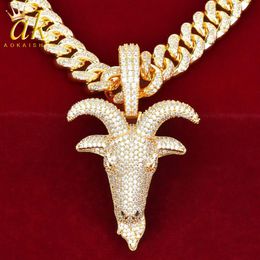 Tête de chèvre pendentif collier couleur or matériel cuivre Zircons cubiques hommes Hip Hop Rock Street Jewelry224G