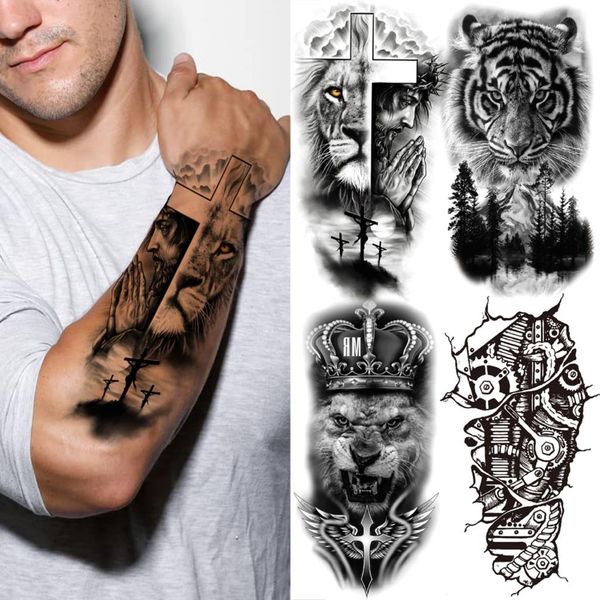 Dieu croix Lion tatouages temporaires pour hommes femmes réaliste boussole Lion faux Tatoos avant-bras jésus Christ cuisse tatouage autocollant