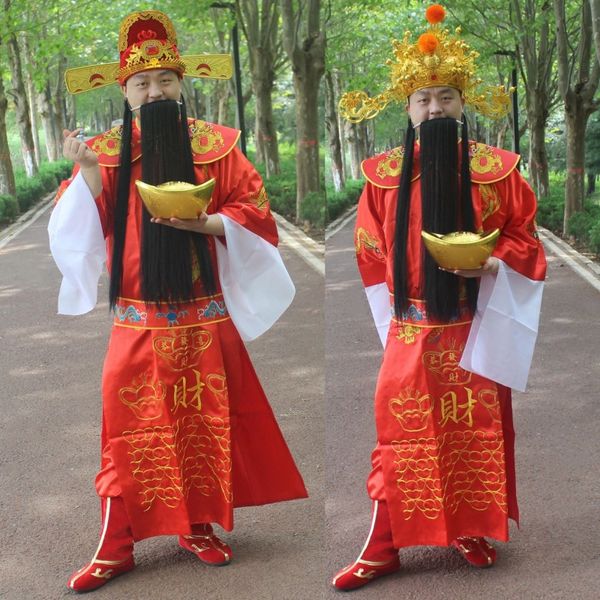 Ropa del Dios de la Riqueza Disfraz de Reunión Anual para Hombres y Mujeres Celebración de Apertura del Día de Año Nuevo Ropa de Dios de la Fortuna Zapatos Sombrero