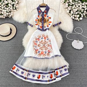 Goddess Fan Mingyuan Temperament Dress Mesh Splice Print Polo Dress Elegant Temperament A-line Large Swing Dress