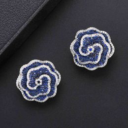 Godki 25mm Elegant Rose Flower Cubic Zirconia Kleine Stud Voor Vrouwen Bruiloft Gelaagde Oorbellen Boucle d'Oreille Femme