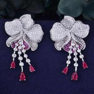 Godki Mismatch luxe fleur à la mode vert cubique zircone américain fête de mariage boucle d'oreille bijoux pour les femmes J190721226F