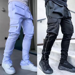 Godlikeu Cargo Pants Spring en Autumn Men's Jeans Stretch Multi-Pocket Reflective Straight Sports Fitness Casual broek Joggers