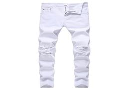 GODLIKEU blanc Men039s déchiré jambe conique jean en détresse genou trous coupe ajustée Denim pantalon jean Pour Hommes311T9605902