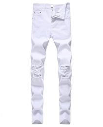 GODLIKEU blanc Men039s déchiré jambe conique jean en détresse genoux trous coupe ajustée Denim pantalon jean Pour Hommes311T9278198