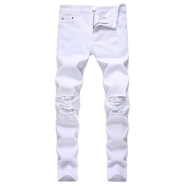 Godlikeu Jeans blancos para hombre Ripped Distressed Black Skinny Denim Hip Hop Button Stretch Pants5gef
