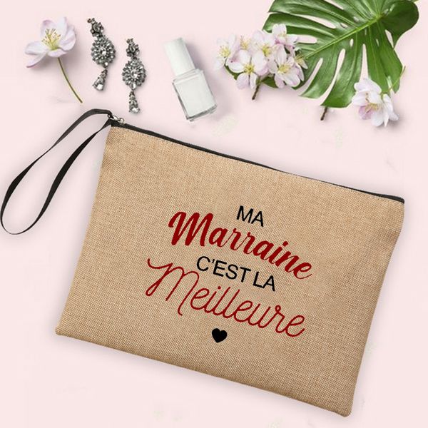 Marraine Cadeaux Femmes Neceser Trousse De Maquillage Meilleure Marraine Dans Le Monde Imprimer Linge Zipper Pouch Voyage Trousse De Toilette Organisateur Cosmétique Sac