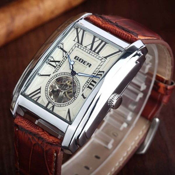 Goer Relogio Masculino Top marque de luxe squelette montres hommes bracelet en cuir Rectangle automatique mécanique montres pour hommes J19261u