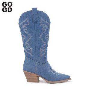 GOGD 241 COWBOY Short Broidered cheville pour femmes Chunky talon Cowgirl Slip on Mid Calf Western Boots 230807 300 716