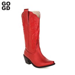 GOGD 359 Western Cowboy Mid Calf Damesschoenen Spike Chunky Heel puntige teen slip op borduurwerk Cowgirls Autumn Boots 231219