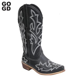 GOGD 526 Mode Borduurde dames Cowboy Western Cowgirl Puntte Toe Dikke hakken Mid-Kalf Riding Boots 231219 743 984