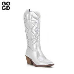 Gogd roze cowboy 341 cowgirl voor vrouwen mode zip geborduurde puntige teen chunky hiel midden kalf westerse laarzen shinny schoenen 231219 a a