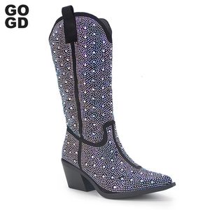 Gogd Rhinestone Fashion Dames Western Mid-Calf Boots Cowboy Cowgirl Shiny puntige teen Zipper sexy hoge hakken luxe 240408