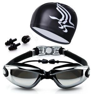 bril met volwassen zwemglazen kit gecoate lens anti mist zwembril+dop+kast+neusclip+oordoppluggen waterdichte antifog oogbescherming