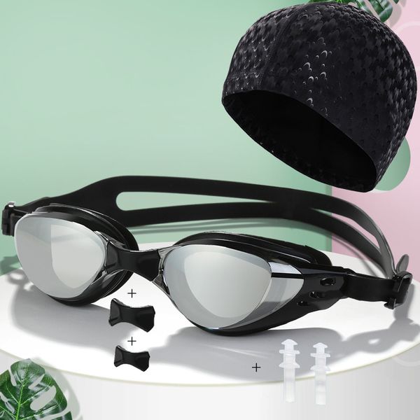Gafas Hombres Mujeres Electrochapa Impermeable Anti Niebla UV Silicona Gafas de natación Gafas Gafas de agua Tela de PU Gorros de natación Sombrero Tapones para los oídos 230626