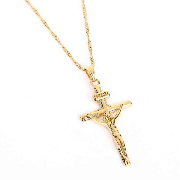 Chaîne croisée de couleur or 24K pour hommes, collier Crucifix, pendentif pour femmes, jésus, or jaune rempli, bijoux 253u