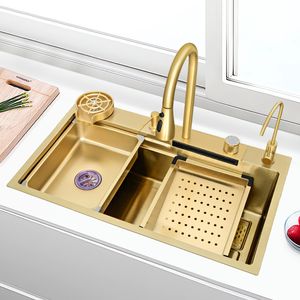 Goud 304 Roestvrijstalen Keuken Waterval Gootsteen Wastafel Grote Single Slot Gootsteen Servies Afdruiprek Gourmet Kraan Keuken